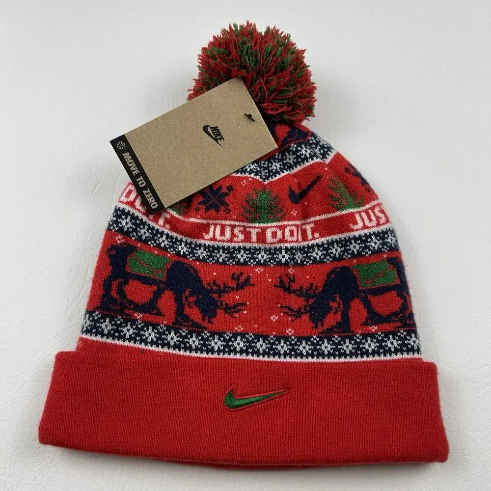 Nike Christmas Pom Beanie Hat Red Reindeer Just Do It Cuffed One Size NWT
